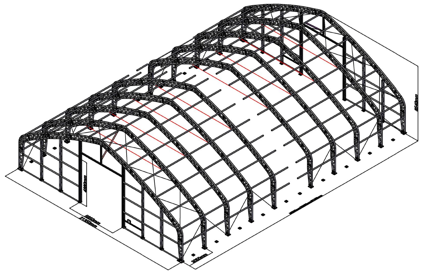 Trussed arches, steel purlins and steel-wire bracing. This family drawing has a break in its length.