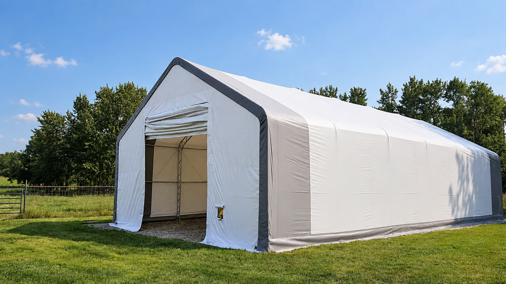 White building with grey trim and an open entrance in a grassed setting