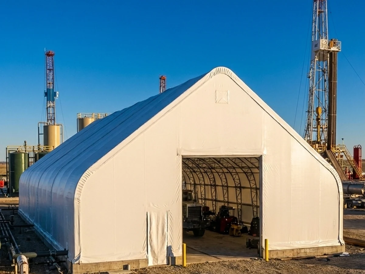 MAX Industrial 80' × 120' × 37' fabric building, 80-foot clear-span, 37-foot peak, 900g cover, Double-Trussed Standard galvanized steel frame